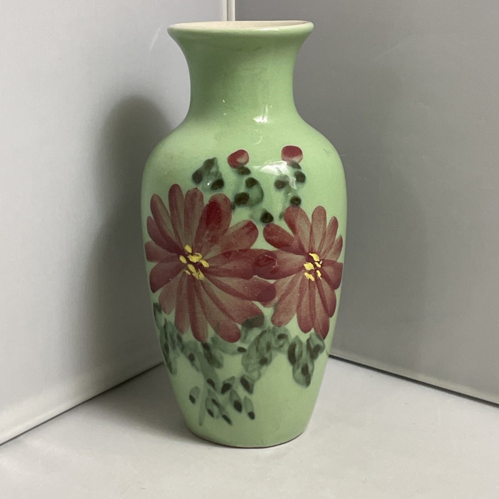 Vintage Vase Hand Painted Floral Green Ceramic Japan Flower